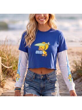 VTG Y2K Womens Crop Top Shirt Surfer Duck Longsleeve Layered Jrs Sz M